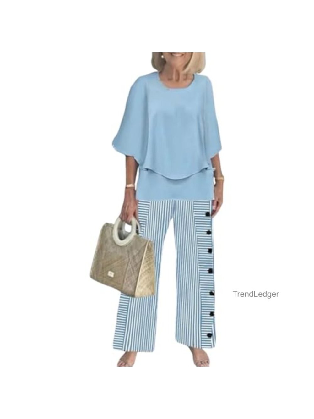 Women's 3/4 Sleeve Lounge Set Cotton Blend Wide Leg Pants 2 Piece